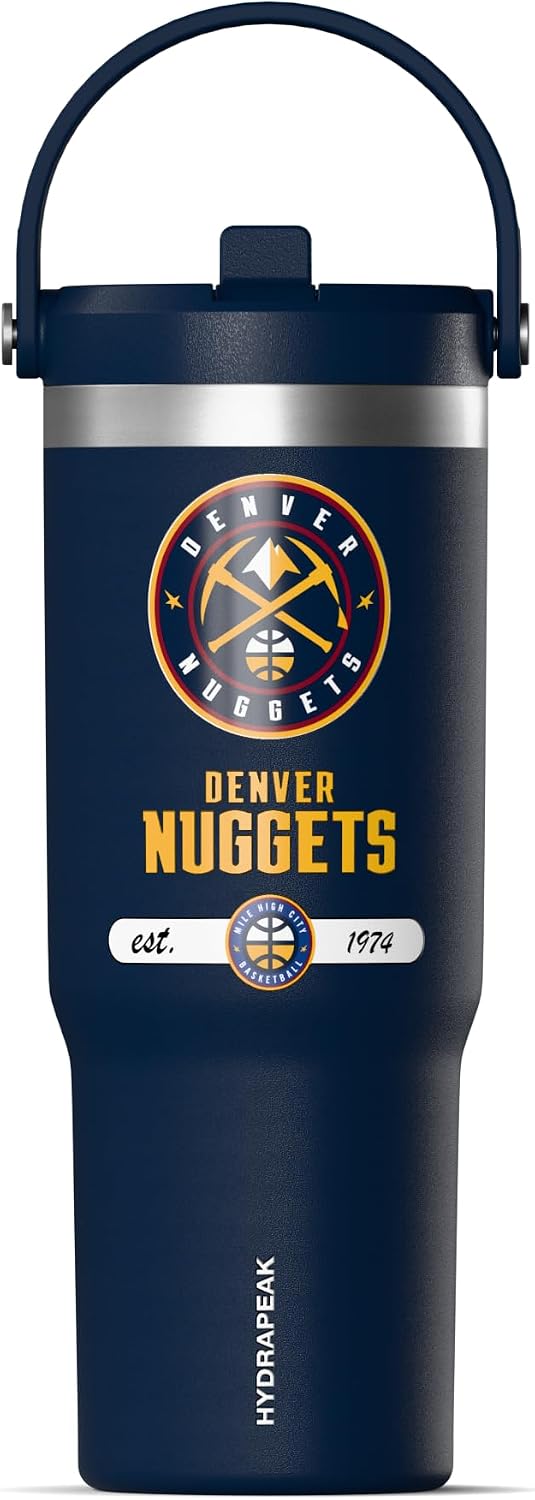 NBA Officially Licensed New York Knicks Nomad 32oz Insulated Stainless Steel Leakproof Travel Tumbler with Flexible Grip Handle, Straw Lid & Cupholder Friendly