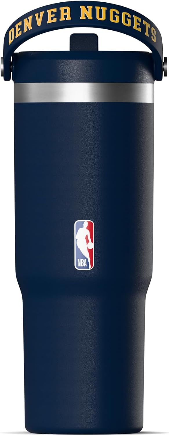 NBA Officially Licensed New York Knicks Nomad 32oz Insulated Stainless Steel Leakproof Travel Tumbler with Flexible Grip Handle, Straw Lid & Cupholder Friendly