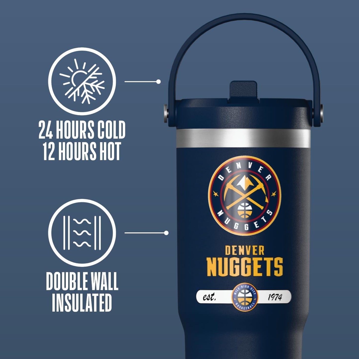 NBA Officially Licensed New York Knicks Nomad 32oz Insulated Stainless Steel Leakproof Travel Tumbler with Flexible Grip Handle, Straw Lid & Cupholder Friendly