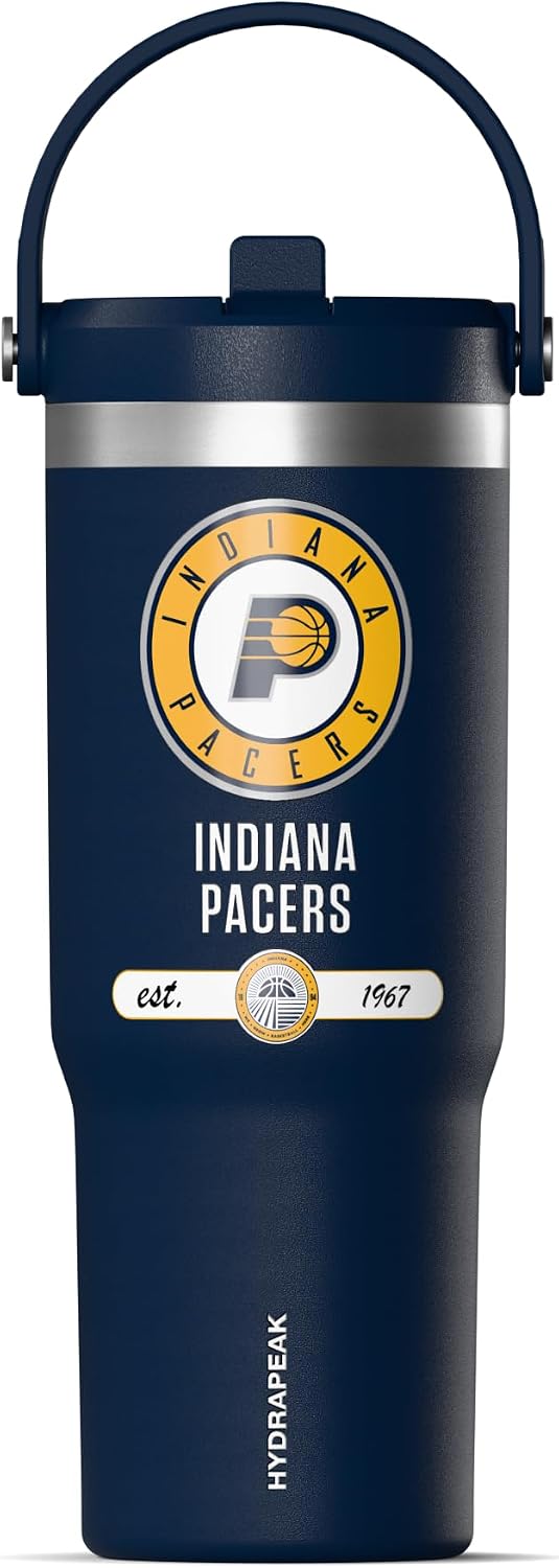 NBA Officially Licensed New York Knicks Nomad 32oz Insulated Stainless Steel Leakproof Travel Tumbler with Flexible Grip Handle, Straw Lid & Cupholder Friendly