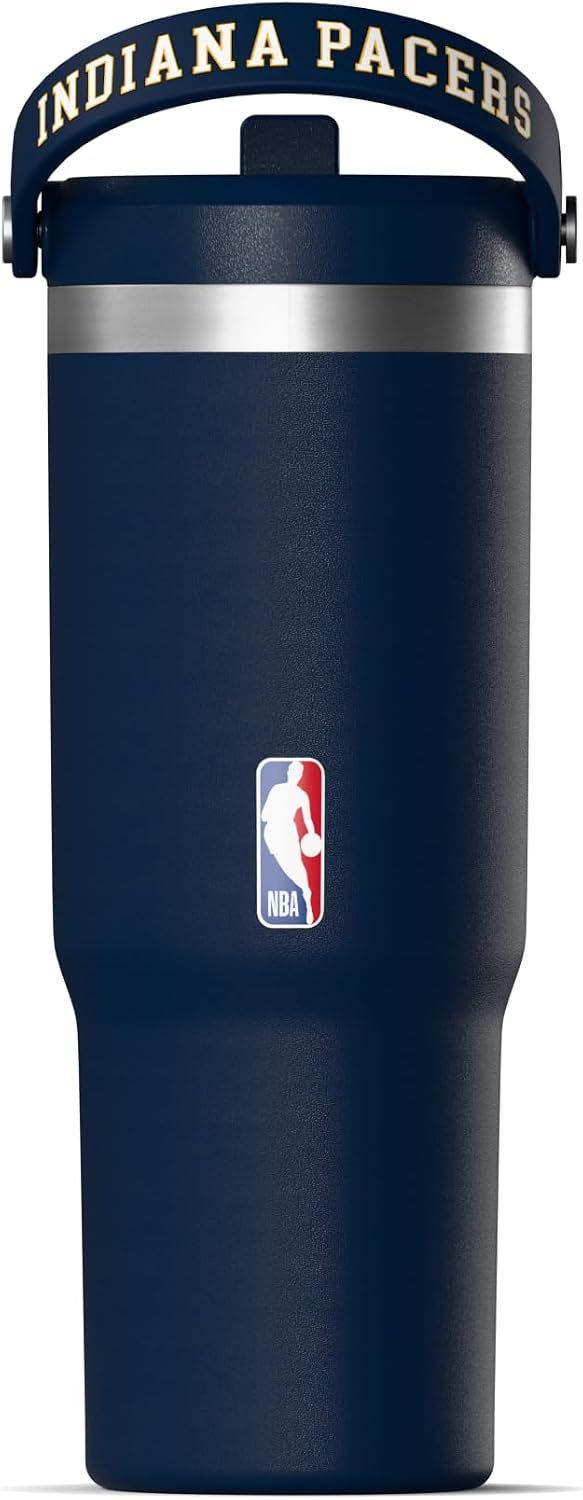 NBA Officially Licensed New York Knicks Nomad 32oz Insulated Stainless Steel Leakproof Travel Tumbler with Flexible Grip Handle, Straw Lid & Cupholder Friendly