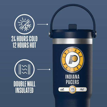 NBA Officially Licensed New York Knicks Nomad 32oz Insulated Stainless Steel Leakproof Travel Tumbler with Flexible Grip Handle, Straw Lid & Cupholder Friendly