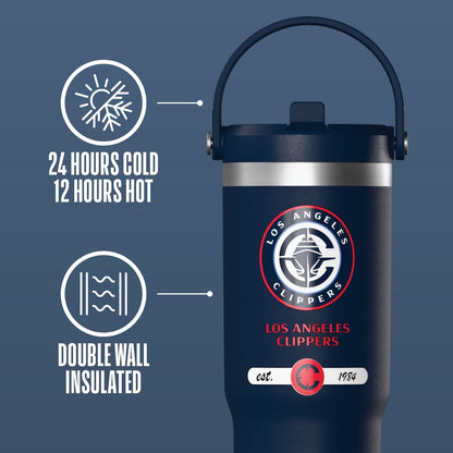 NBA Officially Licensed New York Knicks Nomad 32oz Insulated Stainless Steel Leakproof Travel Tumbler with Flexible Grip Handle, Straw Lid & Cupholder Friendly