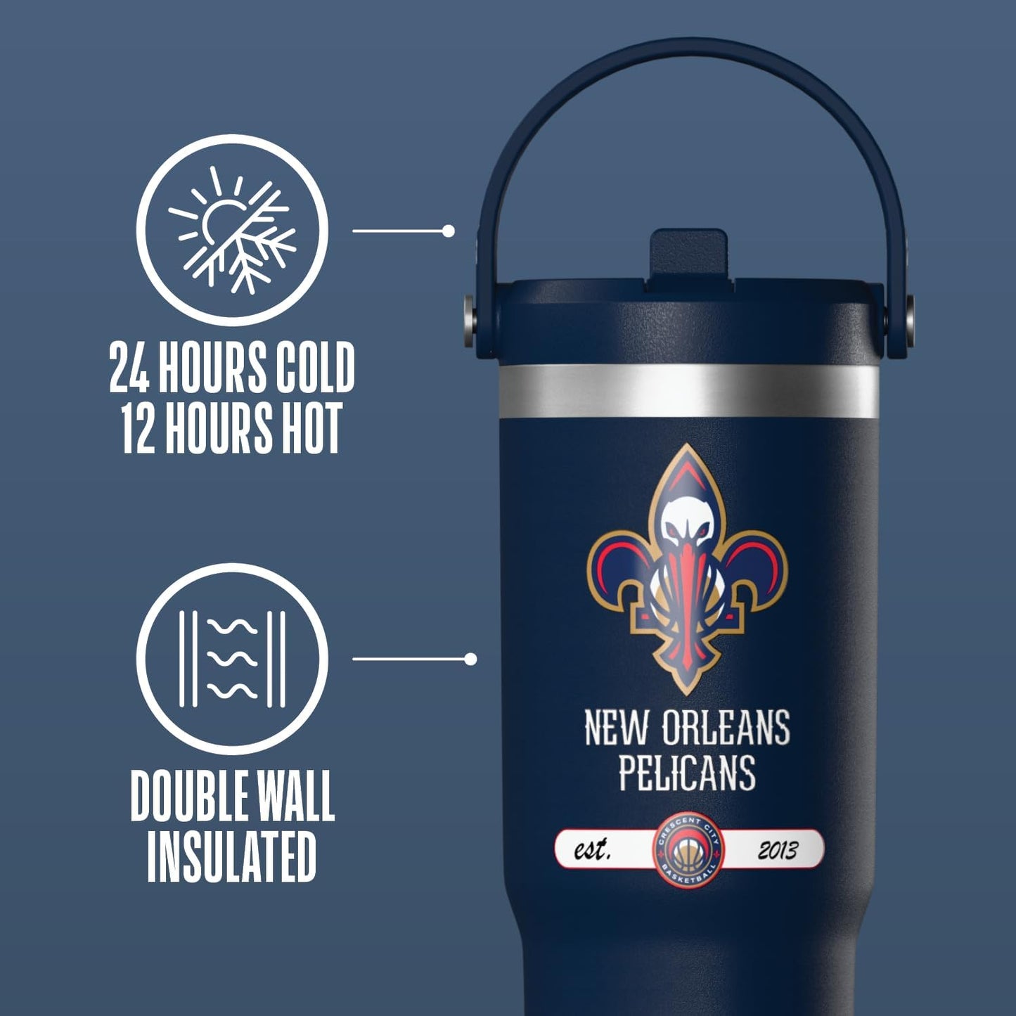 NBA Officially Licensed New York Knicks Nomad 32oz Insulated Stainless Steel Leakproof Travel Tumbler with Flexible Grip Handle, Straw Lid & Cupholder Friendly