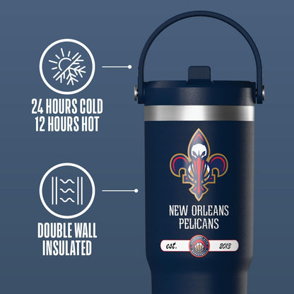 NBA Officially Licensed New York Knicks Nomad 32oz Insulated Stainless Steel Leakproof Travel Tumbler with Flexible Grip Handle, Straw Lid & Cupholder Friendly