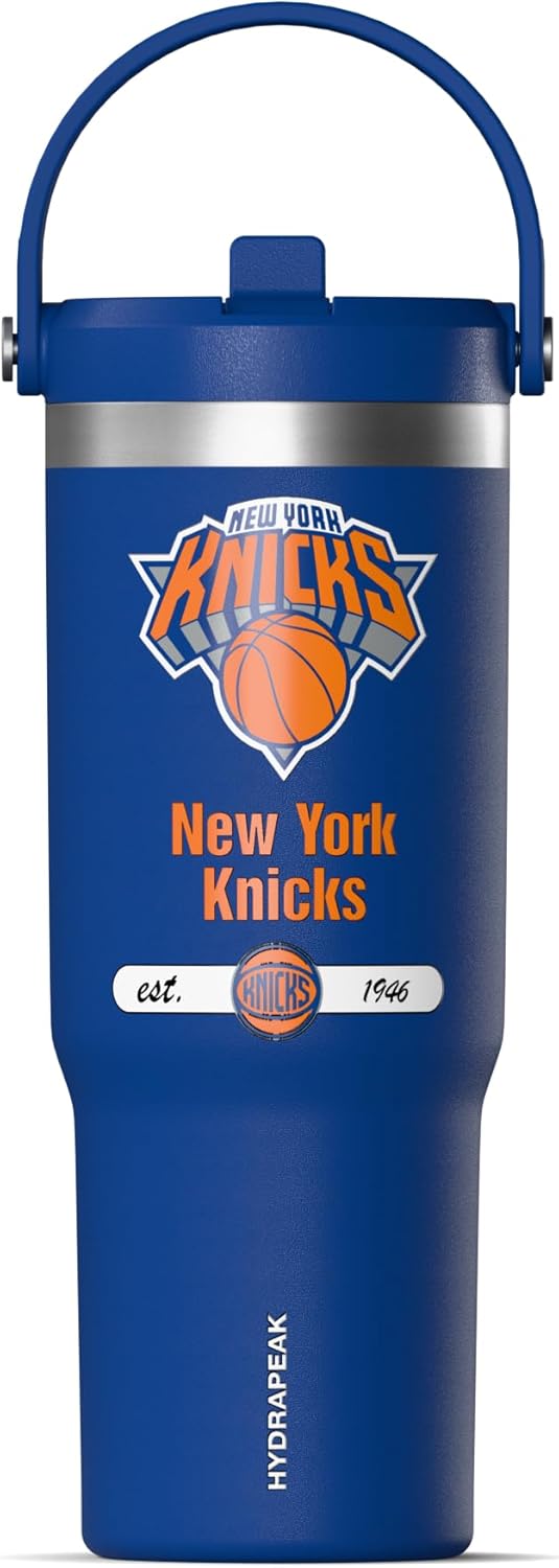 NBA Officially Licensed New York Knicks Nomad 32oz Insulated Stainless Steel Leakproof Travel Tumbler with Flexible Grip Handle, Straw Lid & Cupholder Friendly