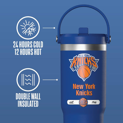 NBA Officially Licensed New York Knicks Nomad 32oz Insulated Stainless Steel Leakproof Travel Tumbler with Flexible Grip Handle, Straw Lid & Cupholder Friendly