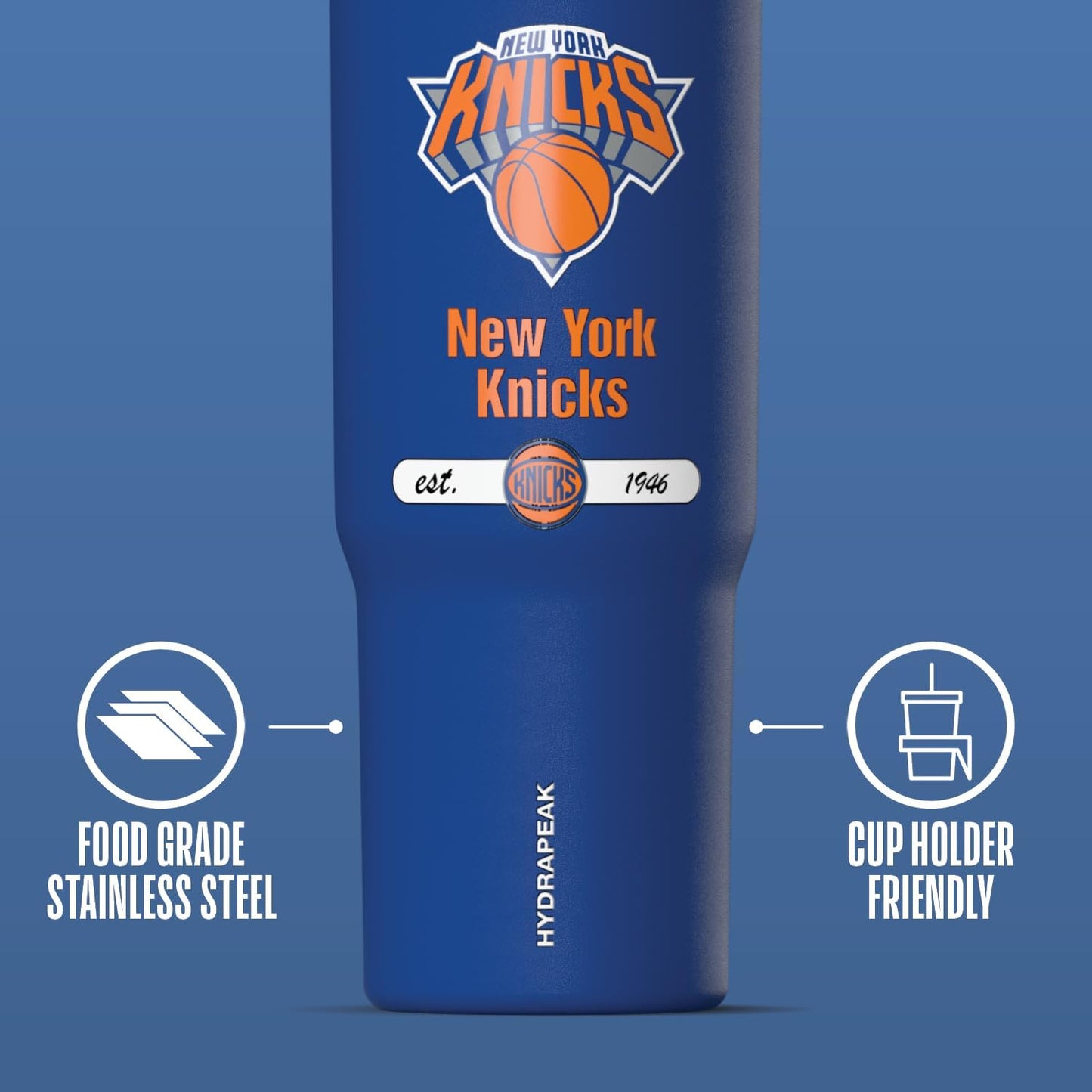 NBA Officially Licensed New York Knicks Nomad 32oz Insulated Stainless Steel Leakproof Travel Tumbler with Flexible Grip Handle, Straw Lid & Cupholder Friendly
