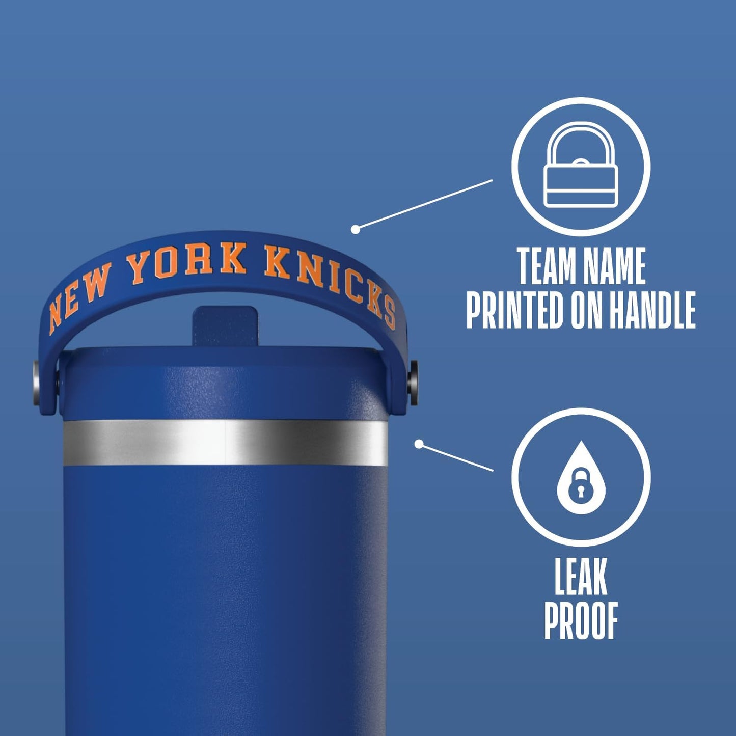 NBA Officially Licensed New York Knicks Nomad 32oz Insulated Stainless Steel Leakproof Travel Tumbler with Flexible Grip Handle, Straw Lid & Cupholder Friendly