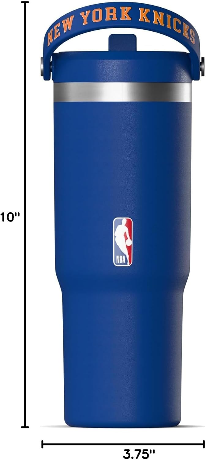 NBA Officially Licensed New York Knicks Nomad 32oz Insulated Stainless Steel Leakproof Travel Tumbler with Flexible Grip Handle, Straw Lid & Cupholder Friendly