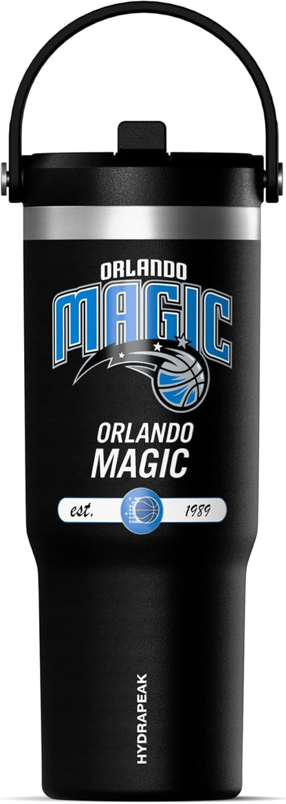 NBA Officially Licensed New York Knicks Nomad 32oz Insulated Stainless Steel Leakproof Travel Tumbler with Flexible Grip Handle, Straw Lid & Cupholder Friendly