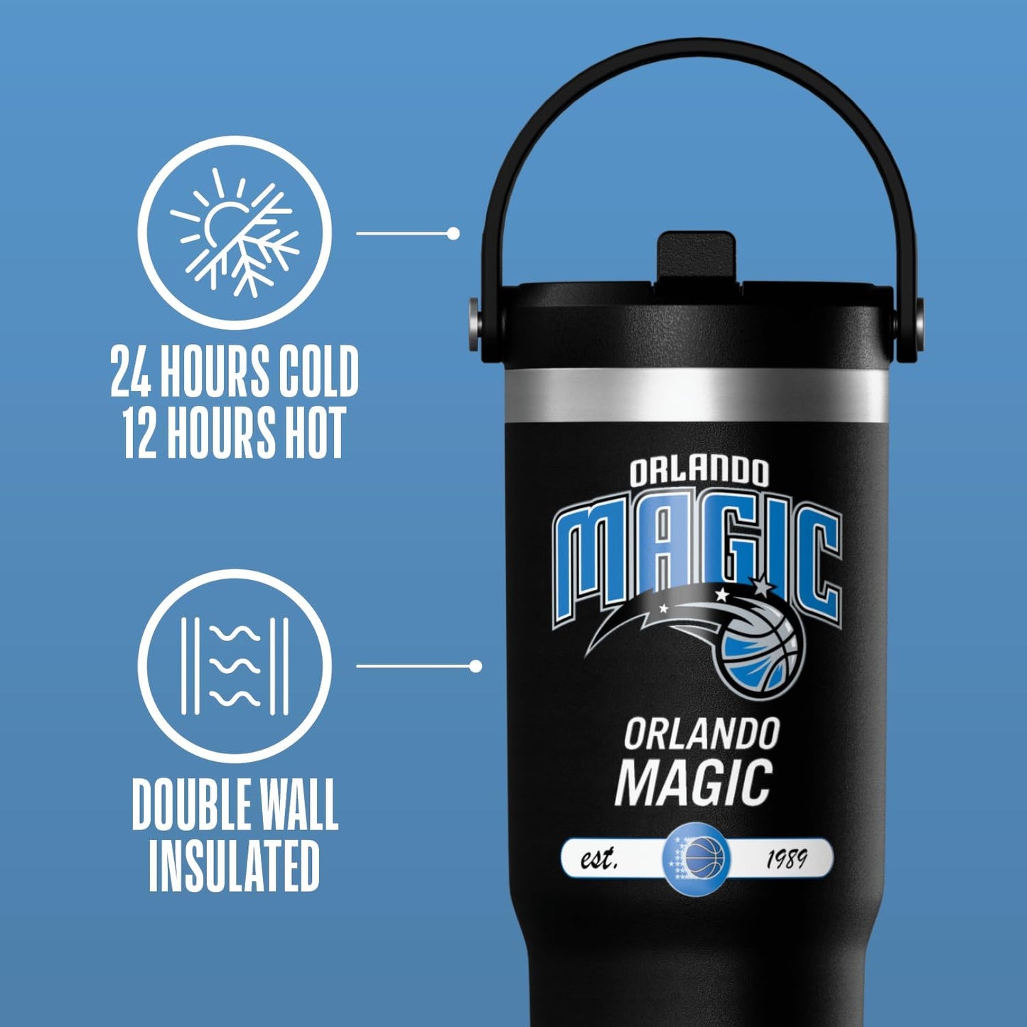 NBA Officially Licensed New York Knicks Nomad 32oz Insulated Stainless Steel Leakproof Travel Tumbler with Flexible Grip Handle, Straw Lid & Cupholder Friendly