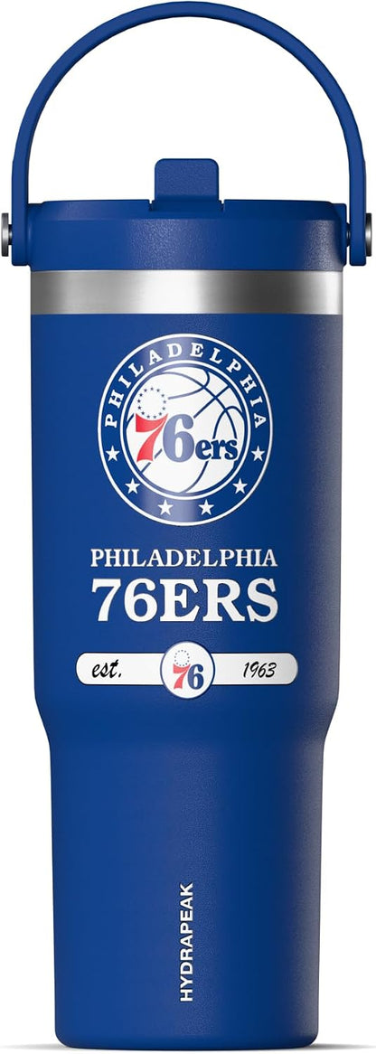 NBA Officially Licensed New York Knicks Nomad 32oz Insulated Stainless Steel Leakproof Travel Tumbler with Flexible Grip Handle, Straw Lid & Cupholder Friendly