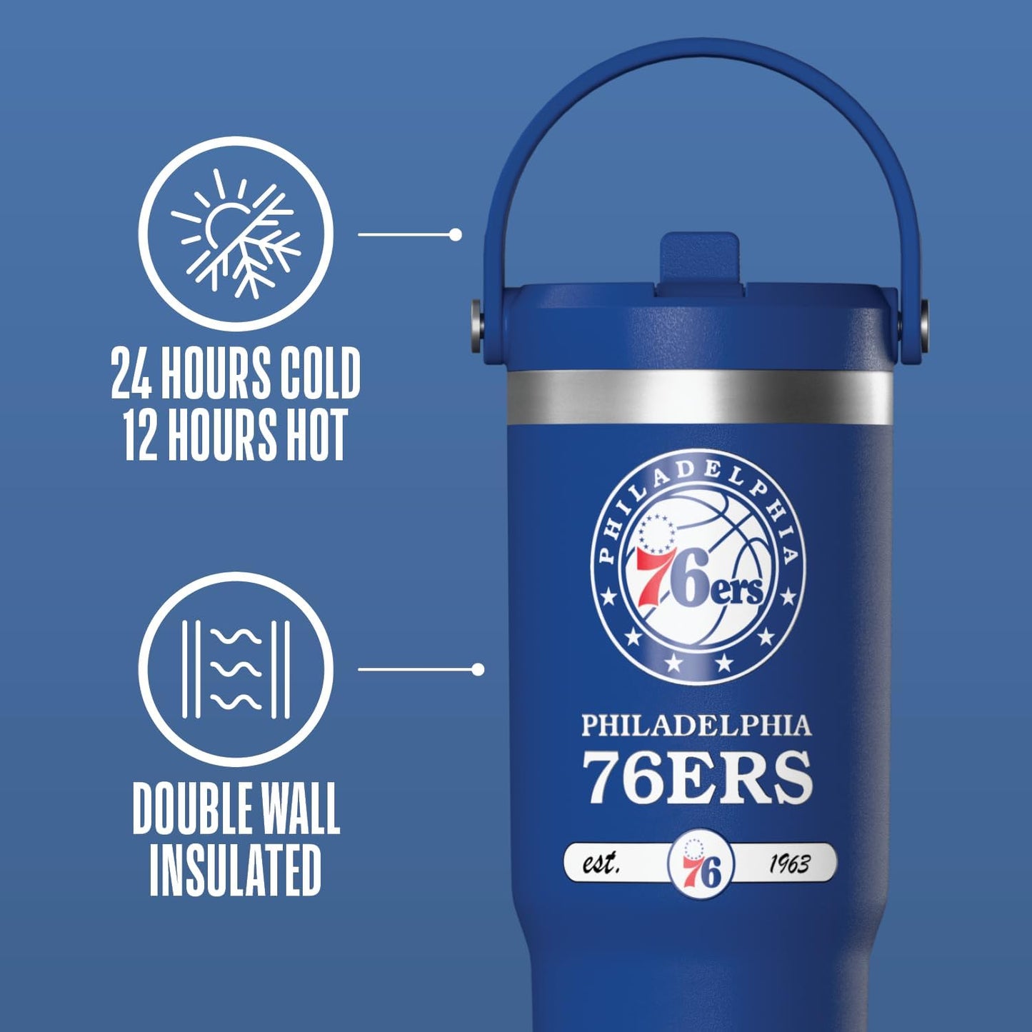 NBA Officially Licensed New York Knicks Nomad 32oz Insulated Stainless Steel Leakproof Travel Tumbler with Flexible Grip Handle, Straw Lid & Cupholder Friendly