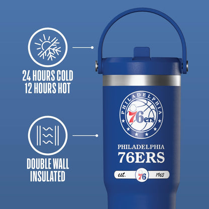 NBA Officially Licensed New York Knicks Nomad 32oz Insulated Stainless Steel Leakproof Travel Tumbler with Flexible Grip Handle, Straw Lid & Cupholder Friendly