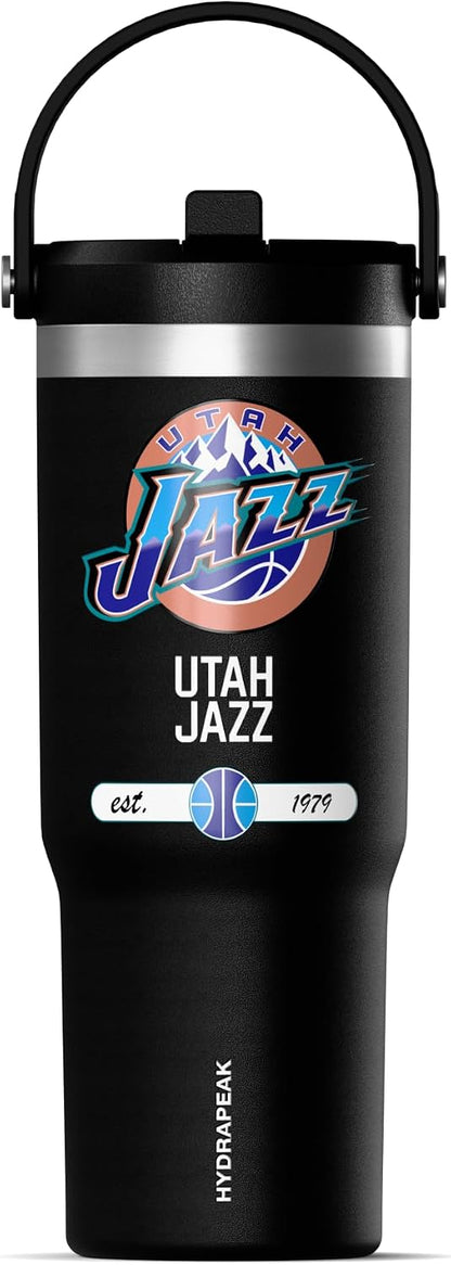 NBA Officially Licensed New York Knicks Nomad 32oz Insulated Stainless Steel Leakproof Travel Tumbler with Flexible Grip Handle, Straw Lid & Cupholder Friendly