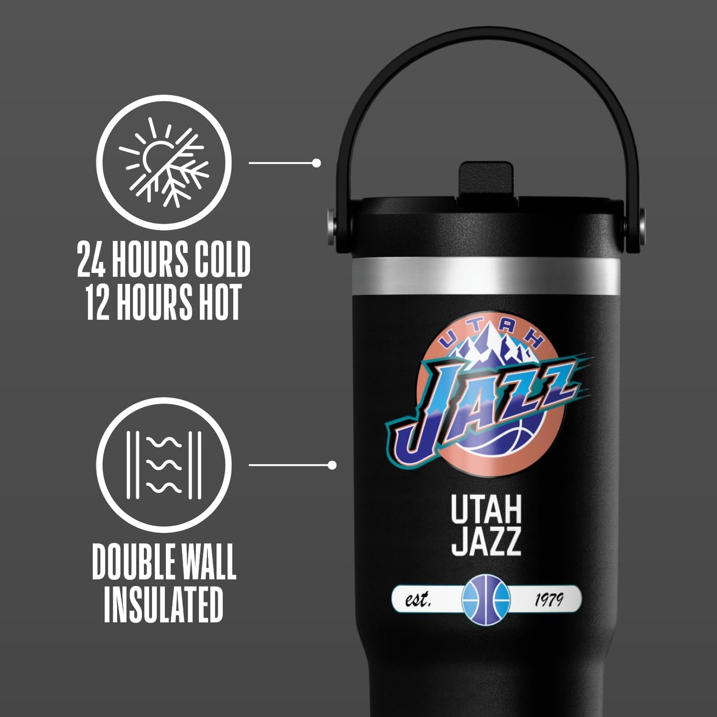 NBA Officially Licensed New York Knicks Nomad 32oz Insulated Stainless Steel Leakproof Travel Tumbler with Flexible Grip Handle, Straw Lid & Cupholder Friendly