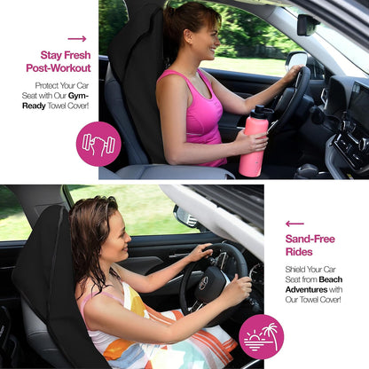 Car Seat Towel Cover for Post Gym Workout, Running, Swimming, and Hiking, 2 Pack Universal Fit Anti-Slip Waterproof Sweating Bucket Seat Protector for Cars, SUVs and Trucks, Black