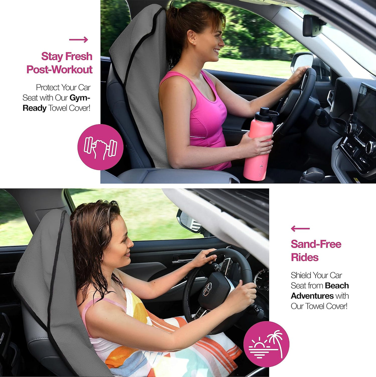 Car Seat Towel Cover for Post Gym Workout, Running, Swimming, and Hiking, 2 Pack Universal Fit Anti-Slip Waterproof Sweating Bucket Seat Protector for Cars, SUVs and Trucks, Black