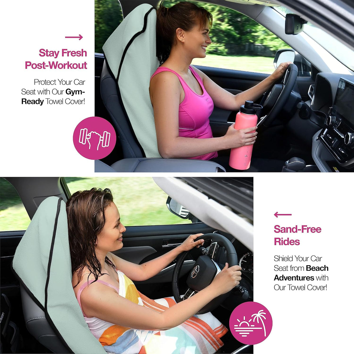 Car Seat Towel Cover for Post Gym Workout, Running, Swimming, and Hiking, 2 Pack Universal Fit Anti-Slip Waterproof Sweating Bucket Seat Protector for Cars, SUVs and Trucks, Black