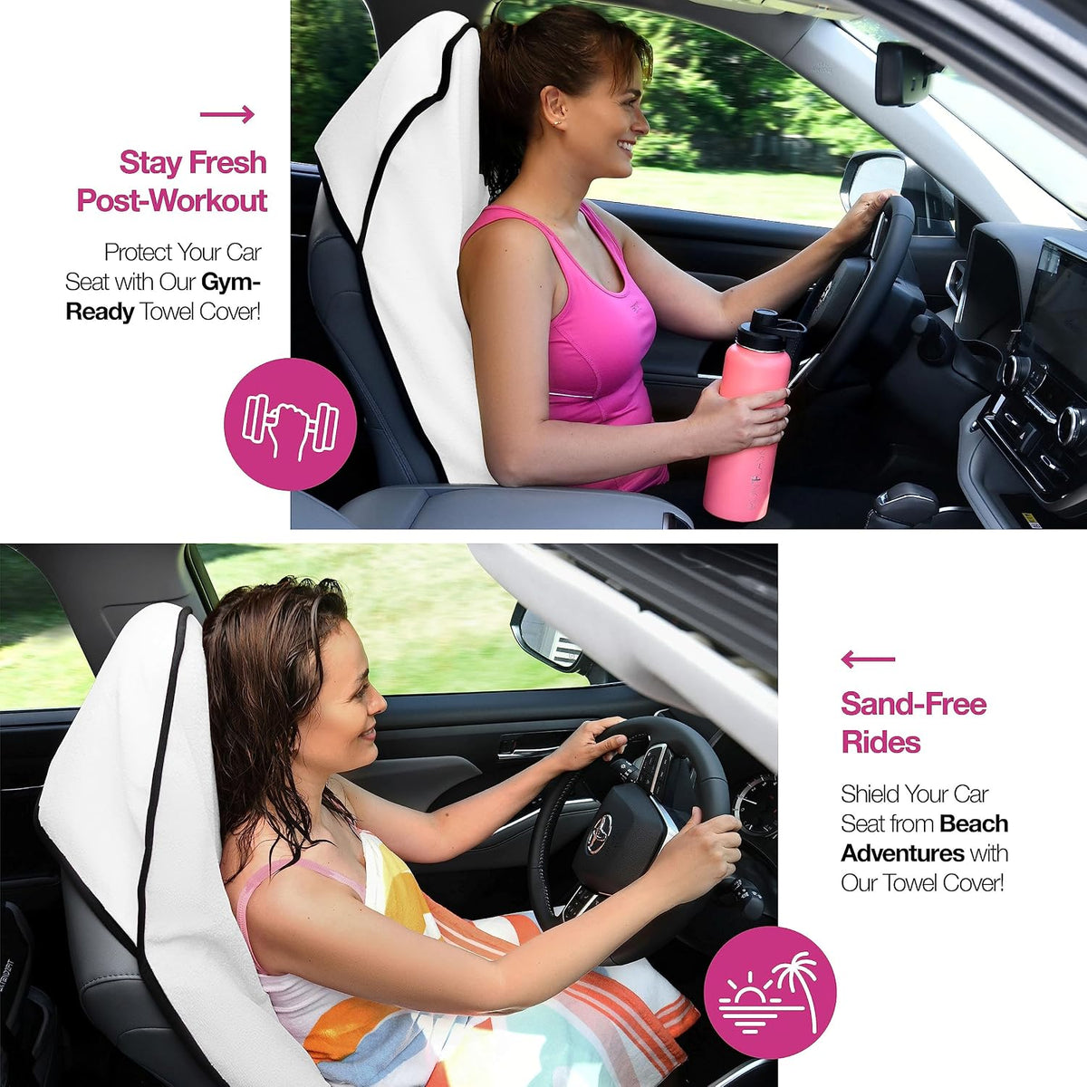 Car Seat Towel Cover for Post Gym Workout, Running, Swimming, and Hiking, 2 Pack Universal Fit Anti-Slip Waterproof Sweating Bucket Seat Protector for Cars, SUVs and Trucks, Black