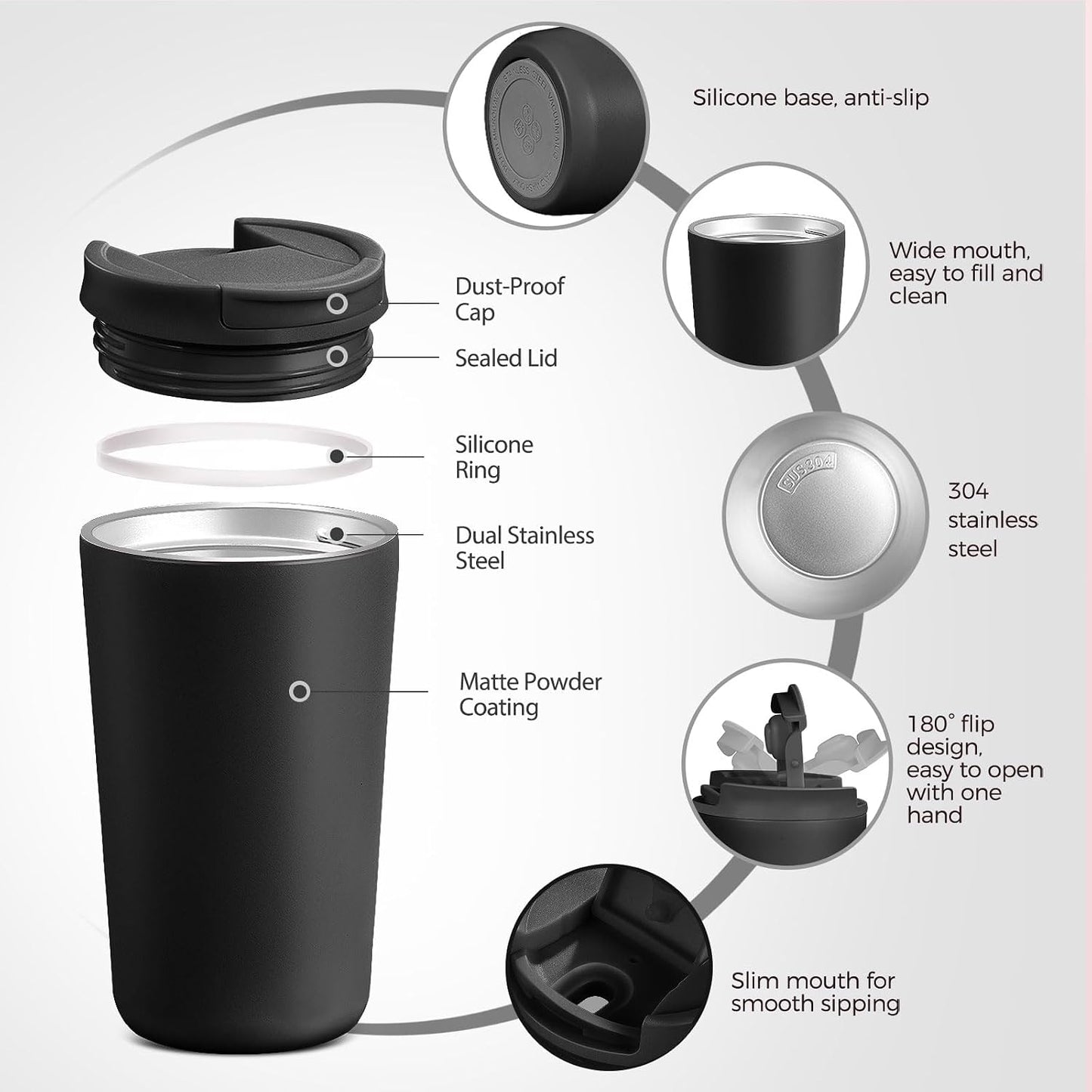 12 oz Travel Coffee Mug Insulated Coffee Cups with Leakproof Flip Lids Stainless Steel Double Wall Thermal Tumbler Reusable Hot Cold Cup for Travel Work Daily Use (Black, 12ounces)