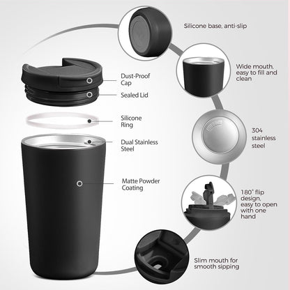 12 oz Travel Coffee Mug Insulated Coffee Cups with Leakproof Flip Lids Stainless Steel Double Wall Thermal Tumbler Reusable Hot Cold Cup for Travel Work Daily Use (Black, 12ounces)