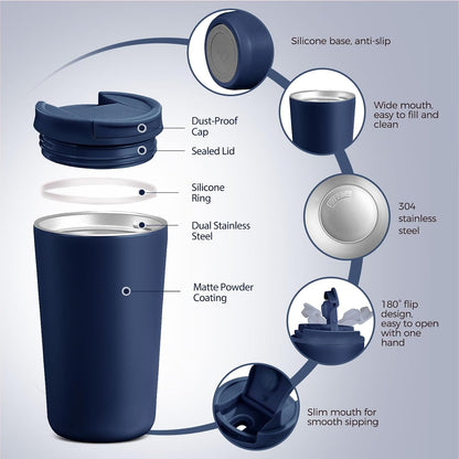 12 oz Travel Coffee Mug Insulated Coffee Cups with Leakproof Flip Lids Stainless Steel Double Wall Thermal Tumbler Reusable Hot Cold Cup for Travel Work Daily Use (Black, 12ounces)