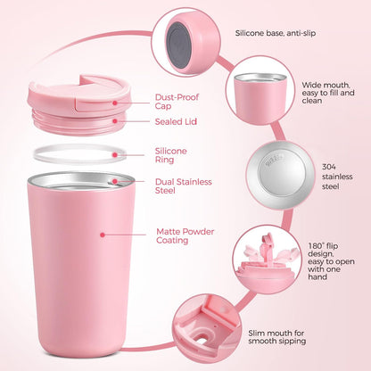 12 oz Travel Coffee Mug Insulated Coffee Cups with Leakproof Flip Lids Stainless Steel Double Wall Thermal Tumbler Reusable Hot Cold Cup for Travel Work Daily Use (Black, 12ounces)