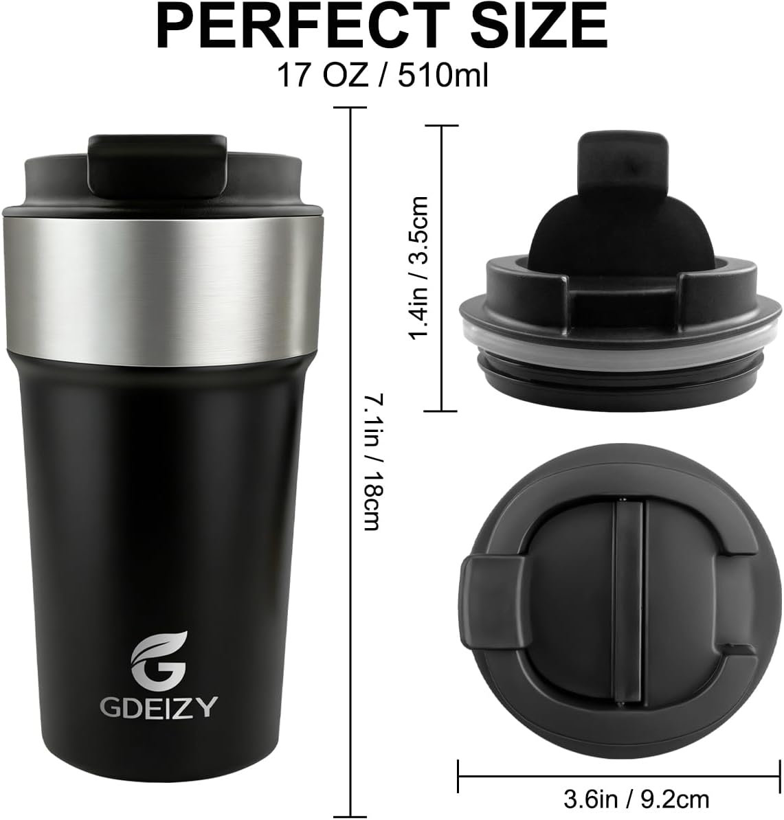 17oz Insulated Travel Coffee Mug, Stainless Steel Cup with Leakproof Lid | 304 Double Wall Vacuum Steel, Long Heat & Cold Retention, 360° Leakproof, BPA-Free Reusable Tumbler, Fits Car Cup Holders