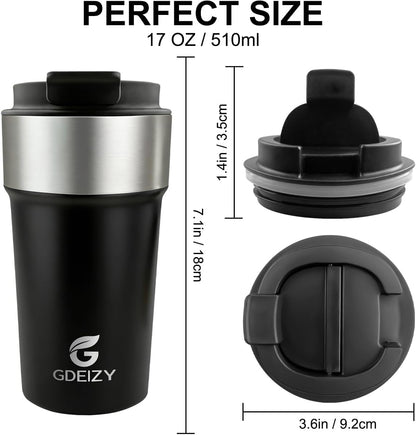 17oz Insulated Travel Coffee Mug, Stainless Steel Cup with Leakproof Lid | 304 Double Wall Vacuum Steel, Long Heat & Cold Retention, 360° Leakproof, BPA-Free Reusable Tumbler, Fits Car Cup Holders