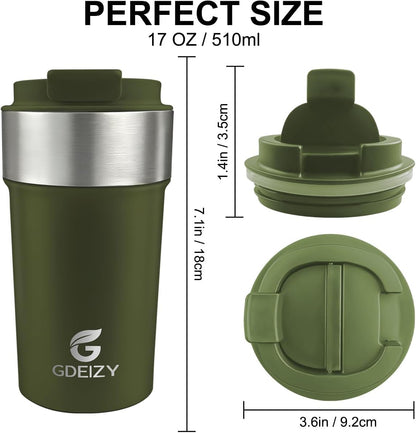 17oz Insulated Travel Coffee Mug, Stainless Steel Cup with Leakproof Lid | 304 Double Wall Vacuum Steel, Long Heat & Cold Retention, 360° Leakproof, BPA-Free Reusable Tumbler, Fits Car Cup Holders
