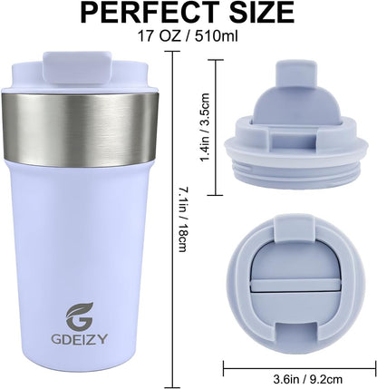 17oz Insulated Travel Coffee Mug, Stainless Steel Cup with Leakproof Lid | 304 Double Wall Vacuum Steel, Long Heat & Cold Retention, 360° Leakproof, BPA-Free Reusable Tumbler, Fits Car Cup Holders
