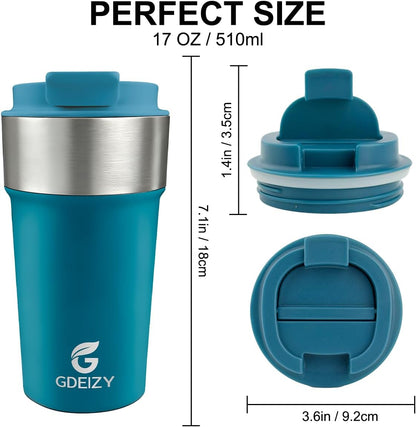 17oz Insulated Travel Coffee Mug, Stainless Steel Cup with Leakproof Lid | 304 Double Wall Vacuum Steel, Long Heat & Cold Retention, 360° Leakproof, BPA-Free Reusable Tumbler, Fits Car Cup Holders
