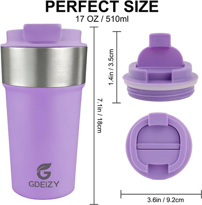 17oz Insulated Travel Coffee Mug, Stainless Steel Cup with Leakproof Lid | 304 Double Wall Vacuum Steel, Long Heat & Cold Retention, 360° Leakproof, BPA-Free Reusable Tumbler, Fits Car Cup Holders
