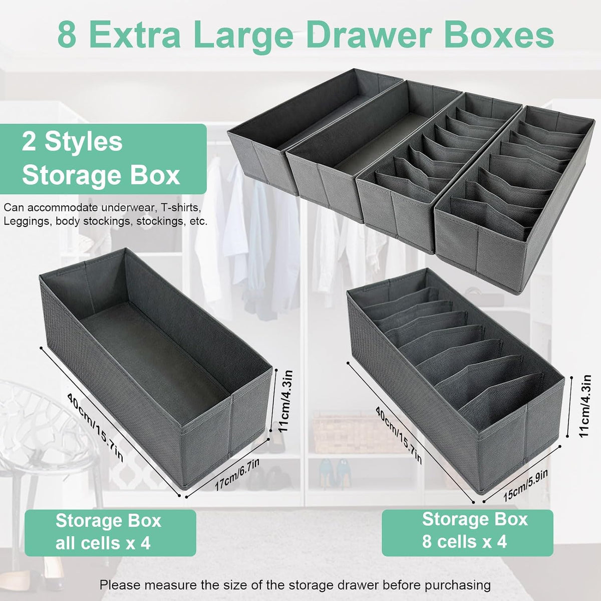 8 Pack Dresser Drawer Organizers and Storage Bins for Clothing, Large Drawer Organizer Bins for Baby Clothes, T-Shirts, Bra, Underwear, Socks (Grey)