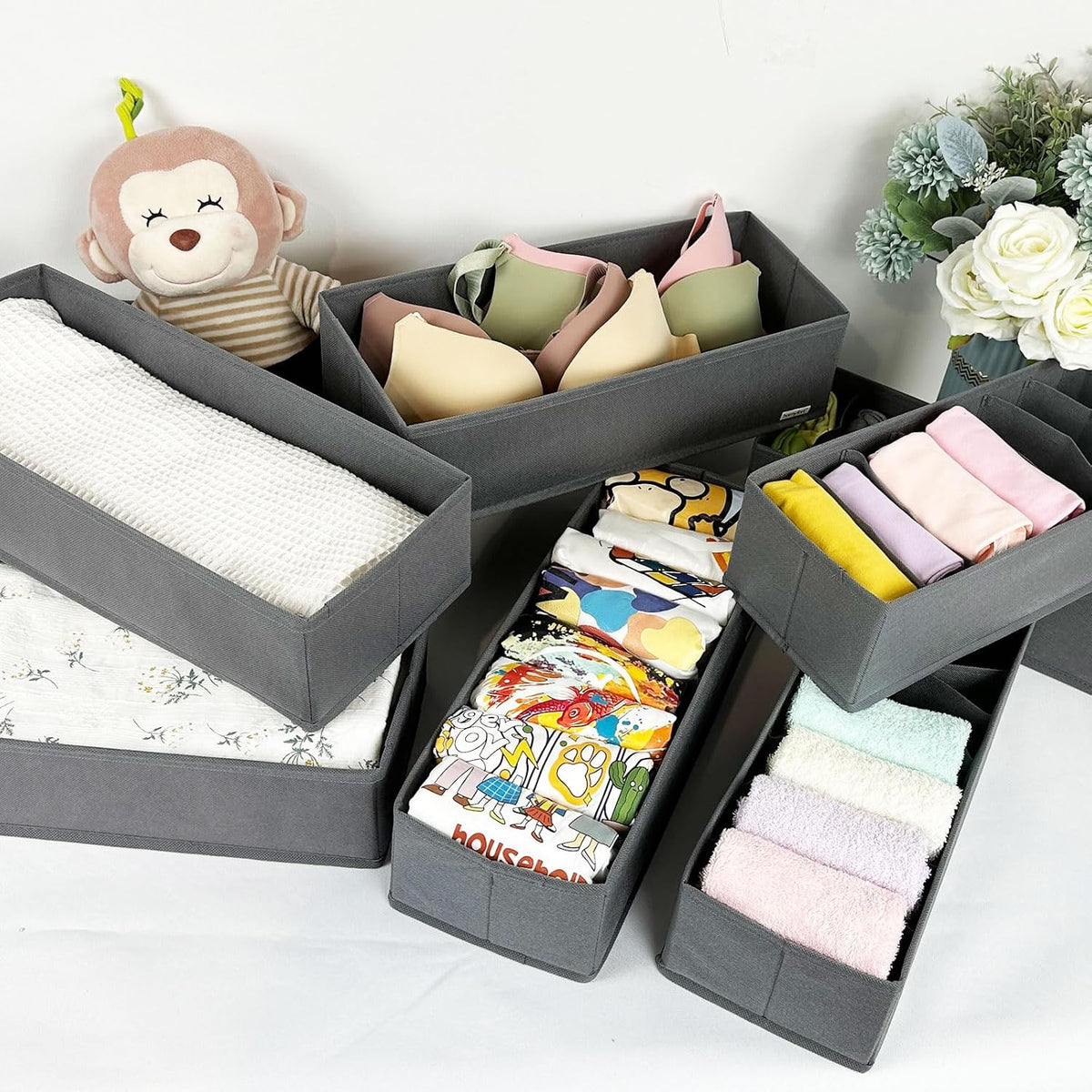 8 Pack Dresser Drawer Organizers and Storage Bins for Clothing, Large Drawer Organizer Bins for Baby Clothes, T-Shirts, Bra, Underwear, Socks (Grey)