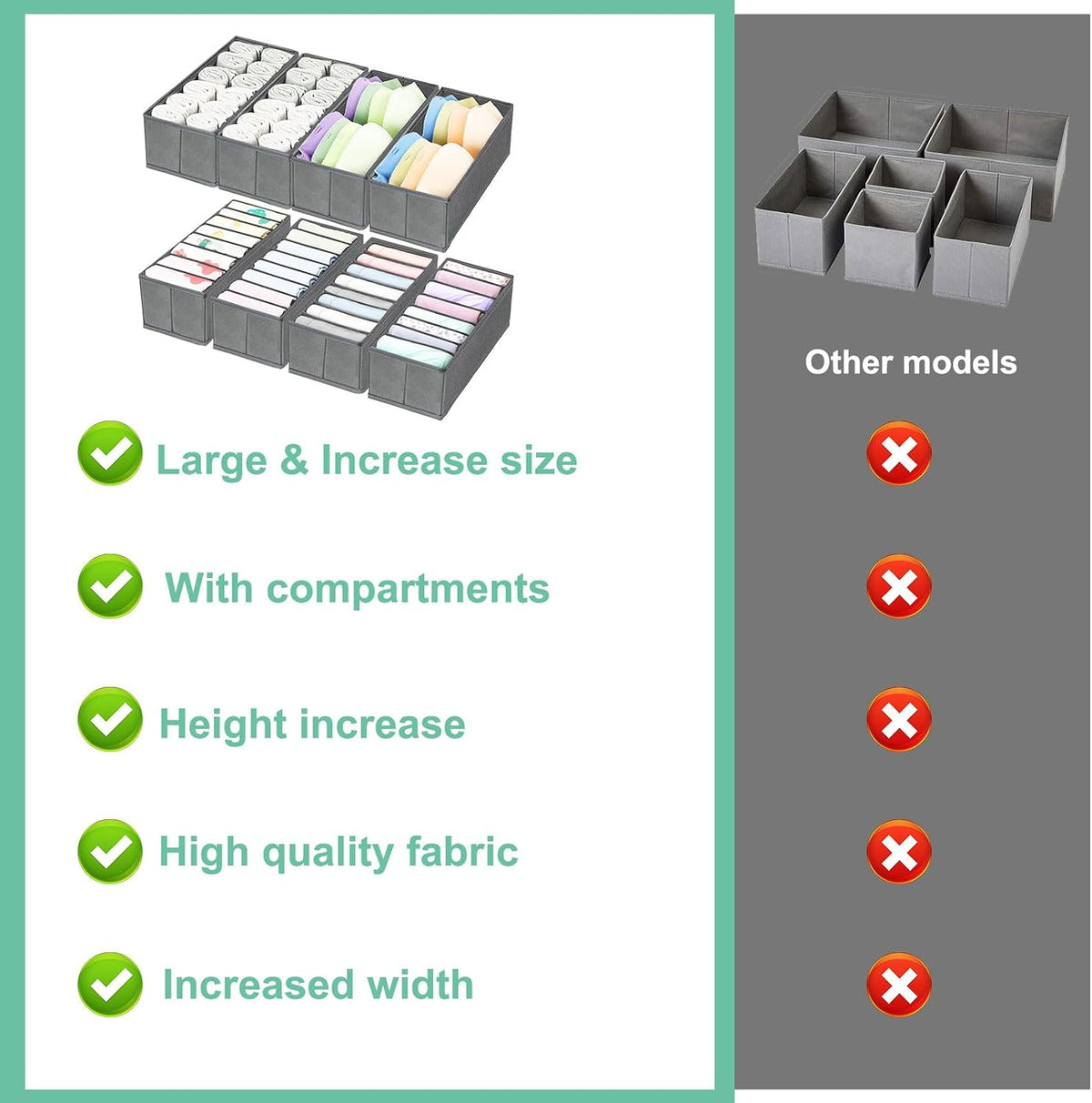 8 Pack Dresser Drawer Organizers and Storage Bins for Clothing, Large Drawer Organizer Bins for Baby Clothes, T-Shirts, Bra, Underwear, Socks (Grey)