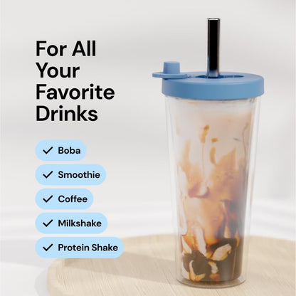 Reusable Boba Cup and Straw Boba Tea Cup Bubble Tea Cup Reusable Iced Coffee Cup Cold Coffee Cup Smoothie Cup with Lid and Straw Smoothie Cup to go Smoothie Tumbler 17 oz - Sage Green