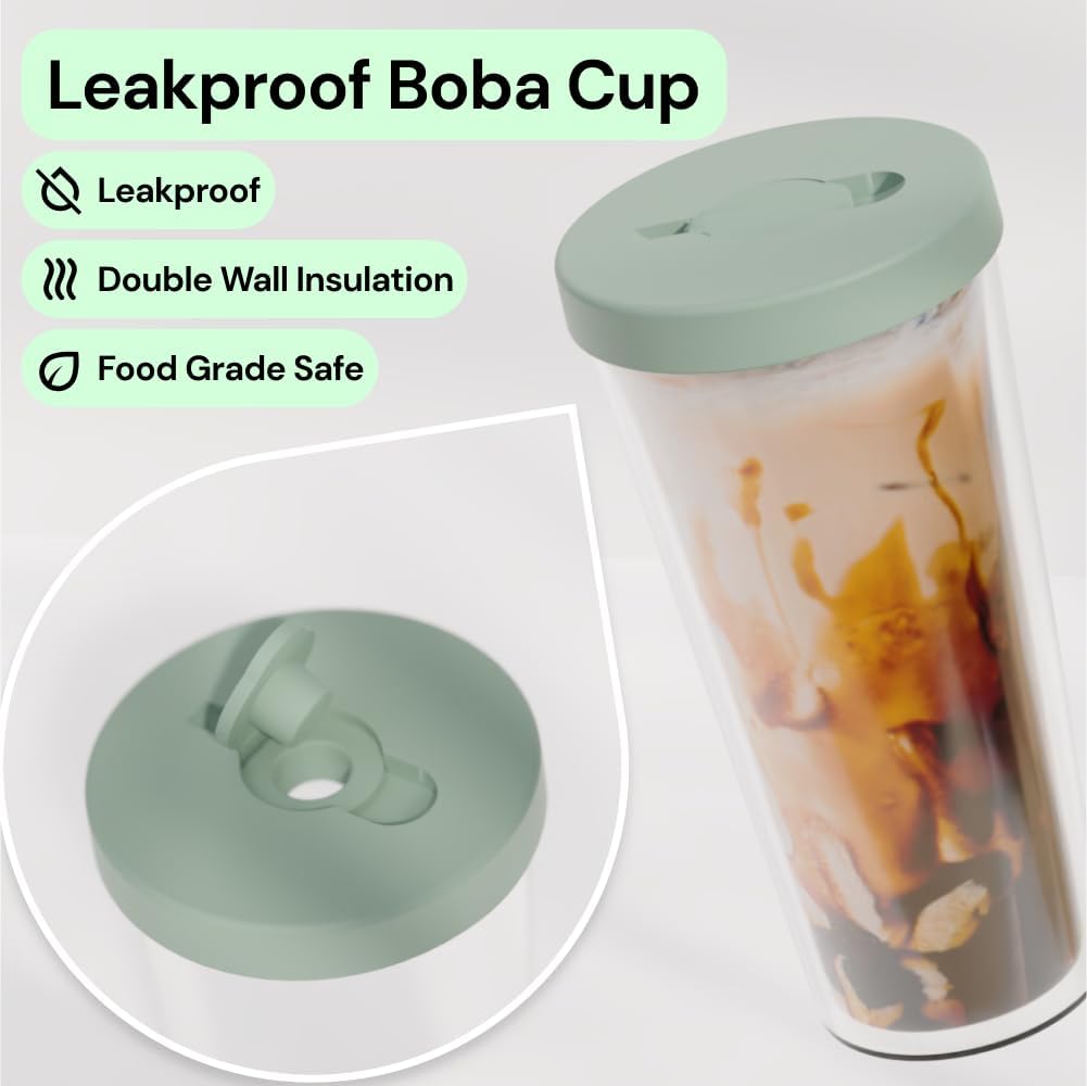 Reusable Boba Cup and Straw Boba Tea Cup Bubble Tea Cup Reusable Iced Coffee Cup Cold Coffee Cup Smoothie Cup with Lid and Straw Smoothie Cup to go Smoothie Tumbler 17 oz - Sage Green