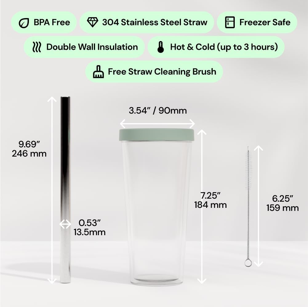 Reusable Boba Cup and Straw Boba Tea Cup Bubble Tea Cup Reusable Iced Coffee Cup Cold Coffee Cup Smoothie Cup with Lid and Straw Smoothie Cup to go Smoothie Tumbler 17 oz - Sage Green