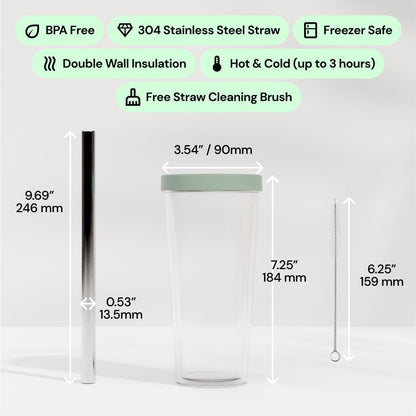 Reusable Boba Cup and Straw Boba Tea Cup Bubble Tea Cup Reusable Iced Coffee Cup Cold Coffee Cup Smoothie Cup with Lid and Straw Smoothie Cup to go Smoothie Tumbler 17 oz - Sage Green