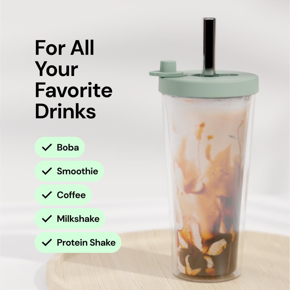 Reusable Boba Cup and Straw Boba Tea Cup Bubble Tea Cup Reusable Iced Coffee Cup Cold Coffee Cup Smoothie Cup with Lid and Straw Smoothie Cup to go Smoothie Tumbler 17 oz - Sage Green