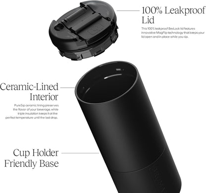 Strova 18oz 100% Leakproof Insulated Coffee Mug | Ceramic-Lined Interior | Built-In Silicone Sleeve for Travel | Locking Flip Lid (Matte Black)