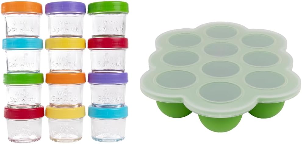 Baby Meal Prep Bundle - Glass Baby Food Storage Jars Containers with Plastic Lids & Silicone Freezer Tray - Microwave, Freezer & Dishwasher Safe - for Baby Food & Breast Milk