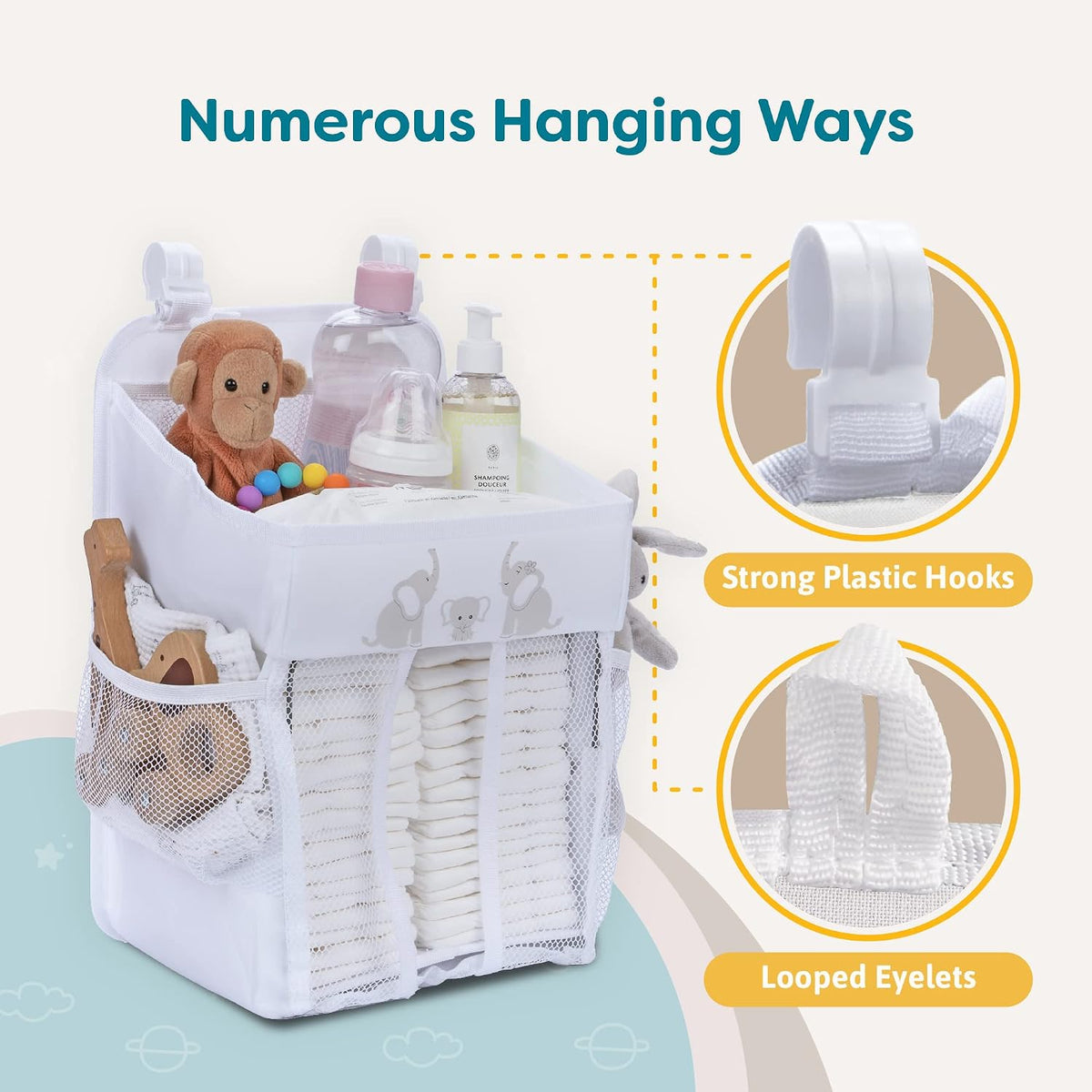 Hanging Diaper Caddy - Baby Shower Gifts Diaper Organizer for Changing Table - Hold 50+ Diapers - Nursery Baby Essentials for Newborn - Gray - 17x9x9 inches