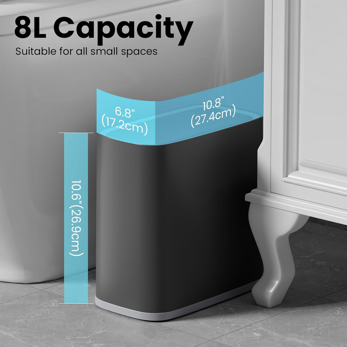 Small Bathroom Trash Can with Lid and Wheels, 8L / 2.1 Gal, Plastic, Gray