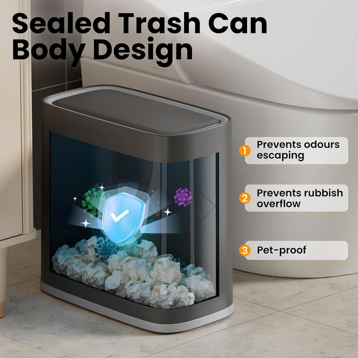 Small Bathroom Trash Can with Lid and Wheels, 8L / 2.1 Gal, Plastic, Gray