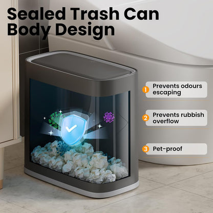 Small Bathroom Trash Can with Lid and Wheels, 8L / 2.1 Gal, Plastic, Gray