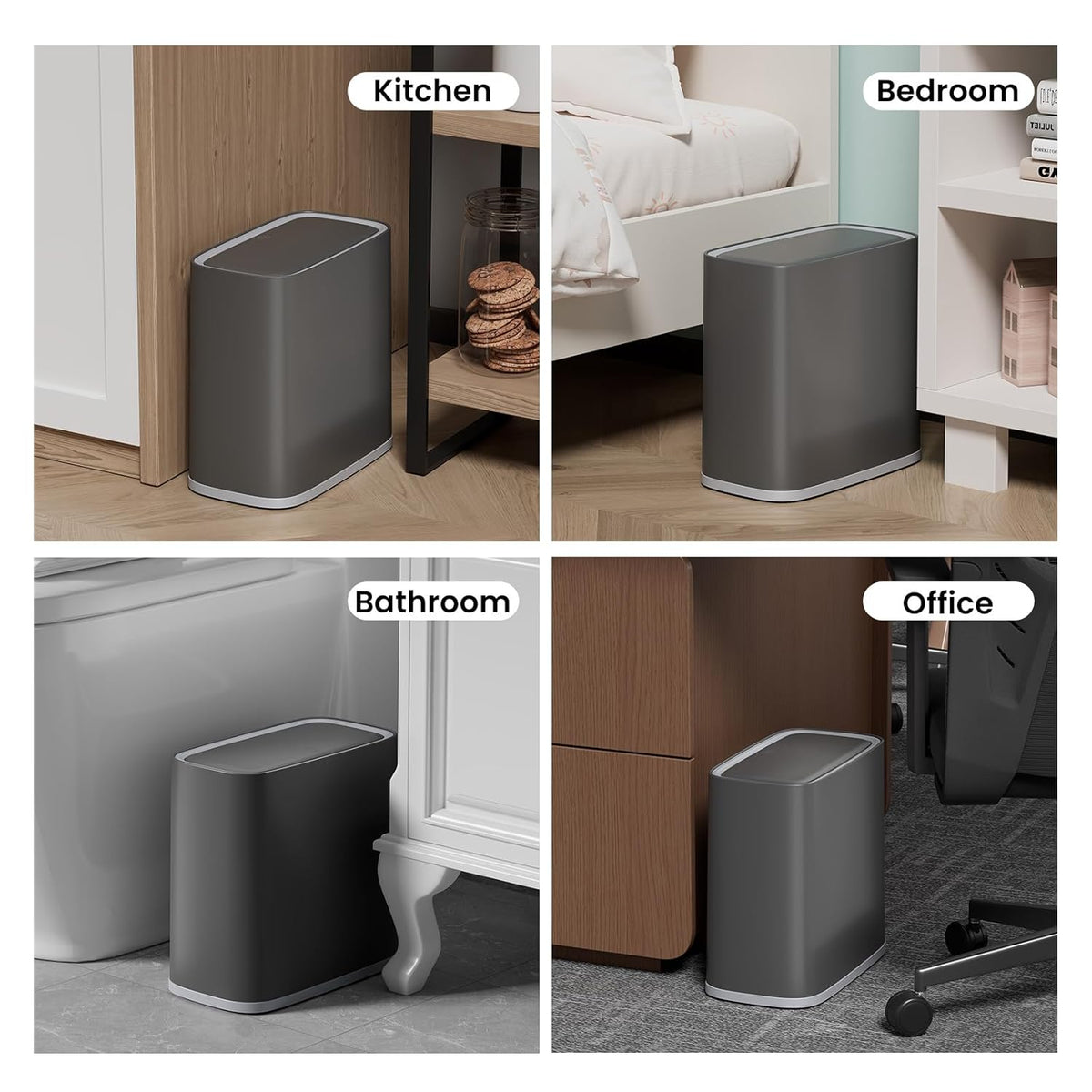 Small Bathroom Trash Can with Lid and Wheels, 8L / 2.1 Gal, Plastic, Gray